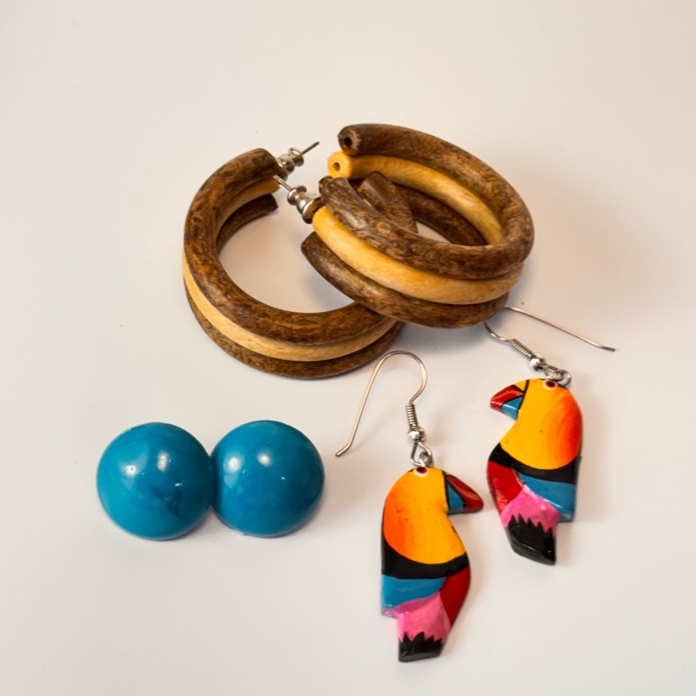 Vintage Earring Lot Wood Hoops Toucan Acrylic Blue Studs Boho Tropical Statement